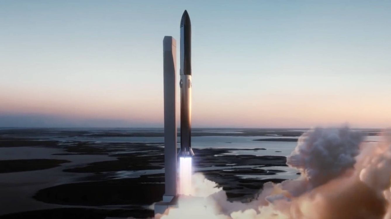 Foto: Un 'render' del Starship completo lanzando desde Boca Chica, Texas. (SpaceX)