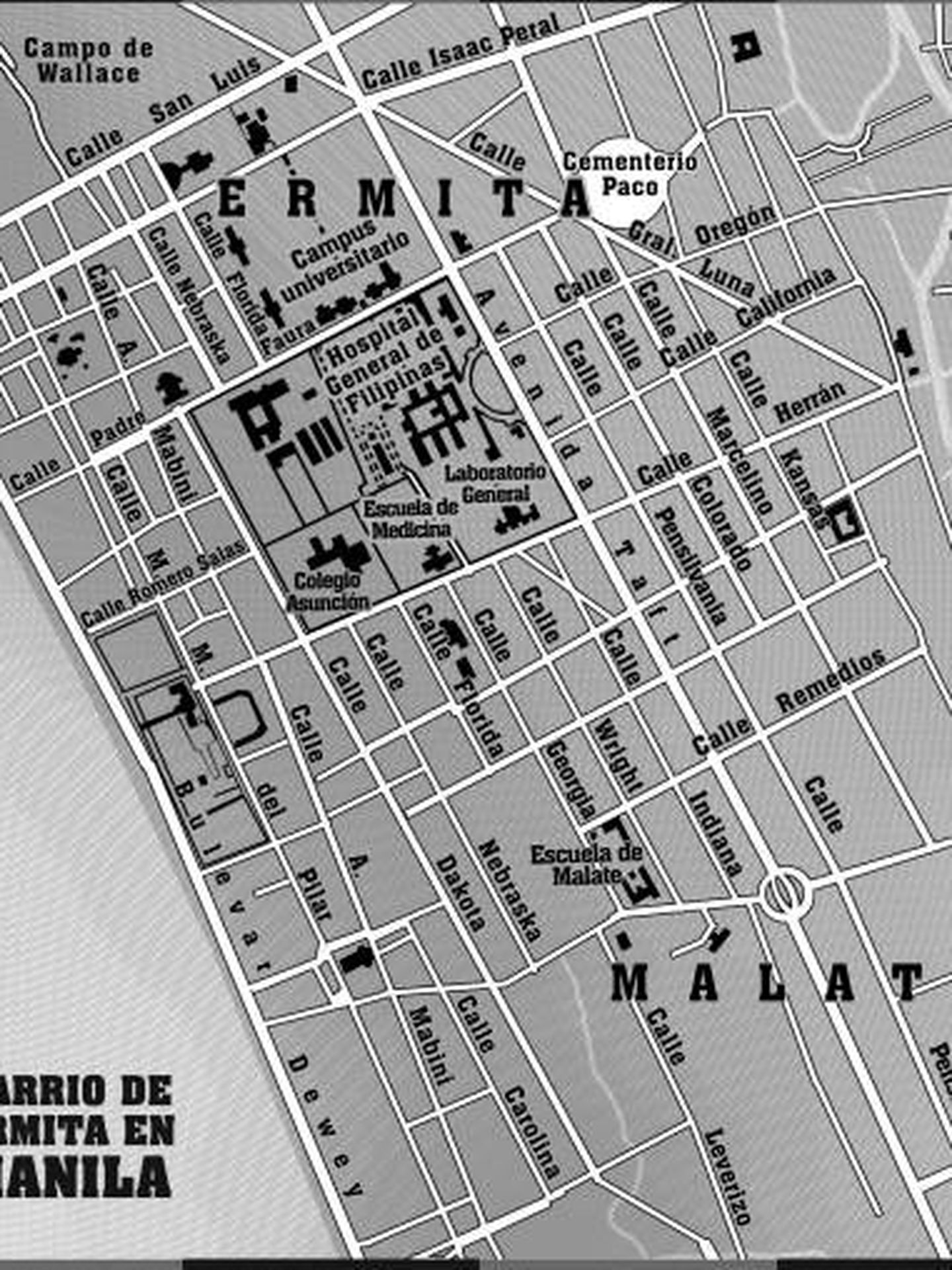 Manila en 1945 (mapa que figura en el libro 'Muerte en Manila' de La Esfera de los Libros).