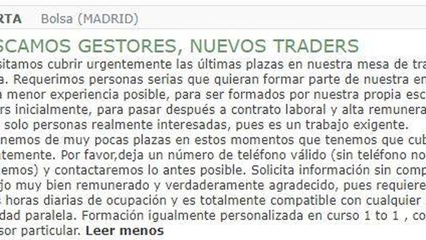 Oferta de trabajo para 'traders'. (milanuncios.com)