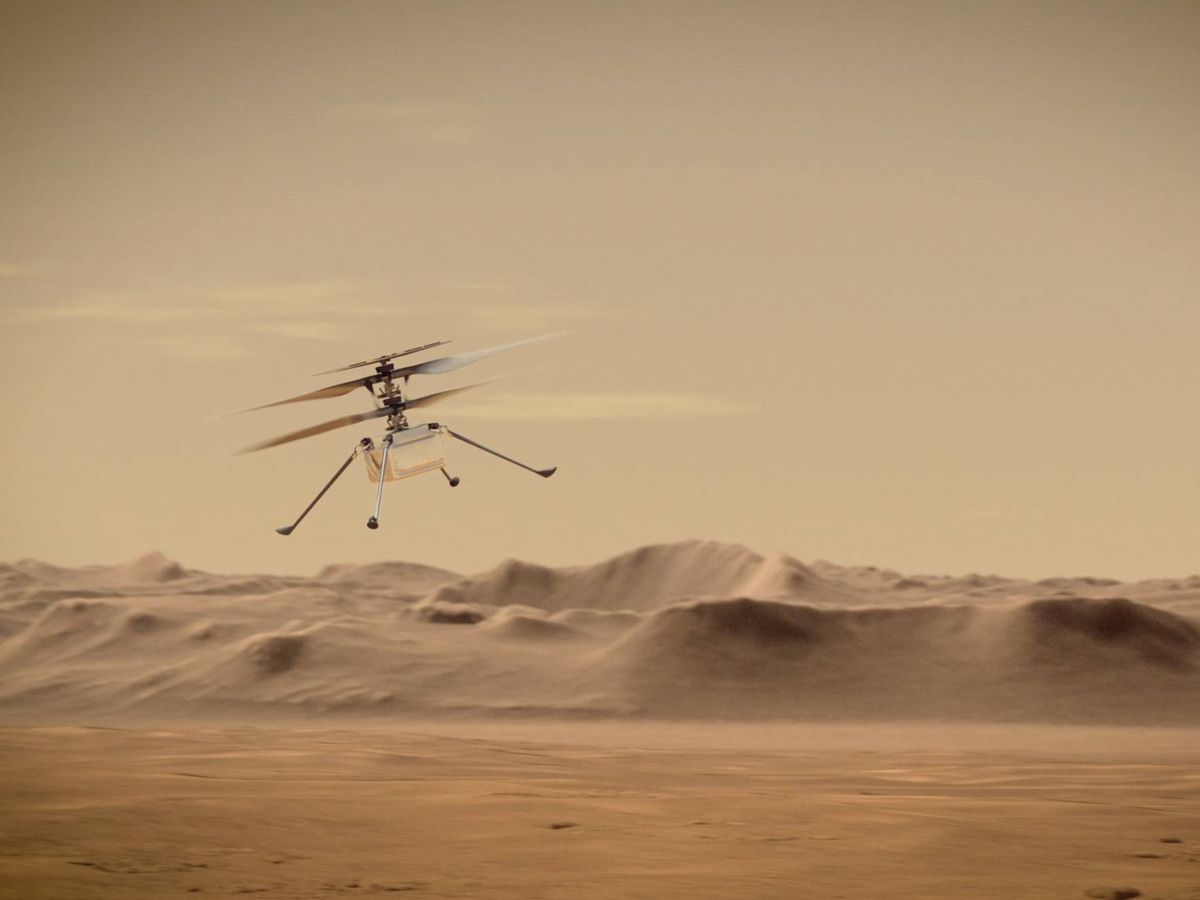Foto: Representación del primer vuelo del helicóptero Ingenuity de la NASA.