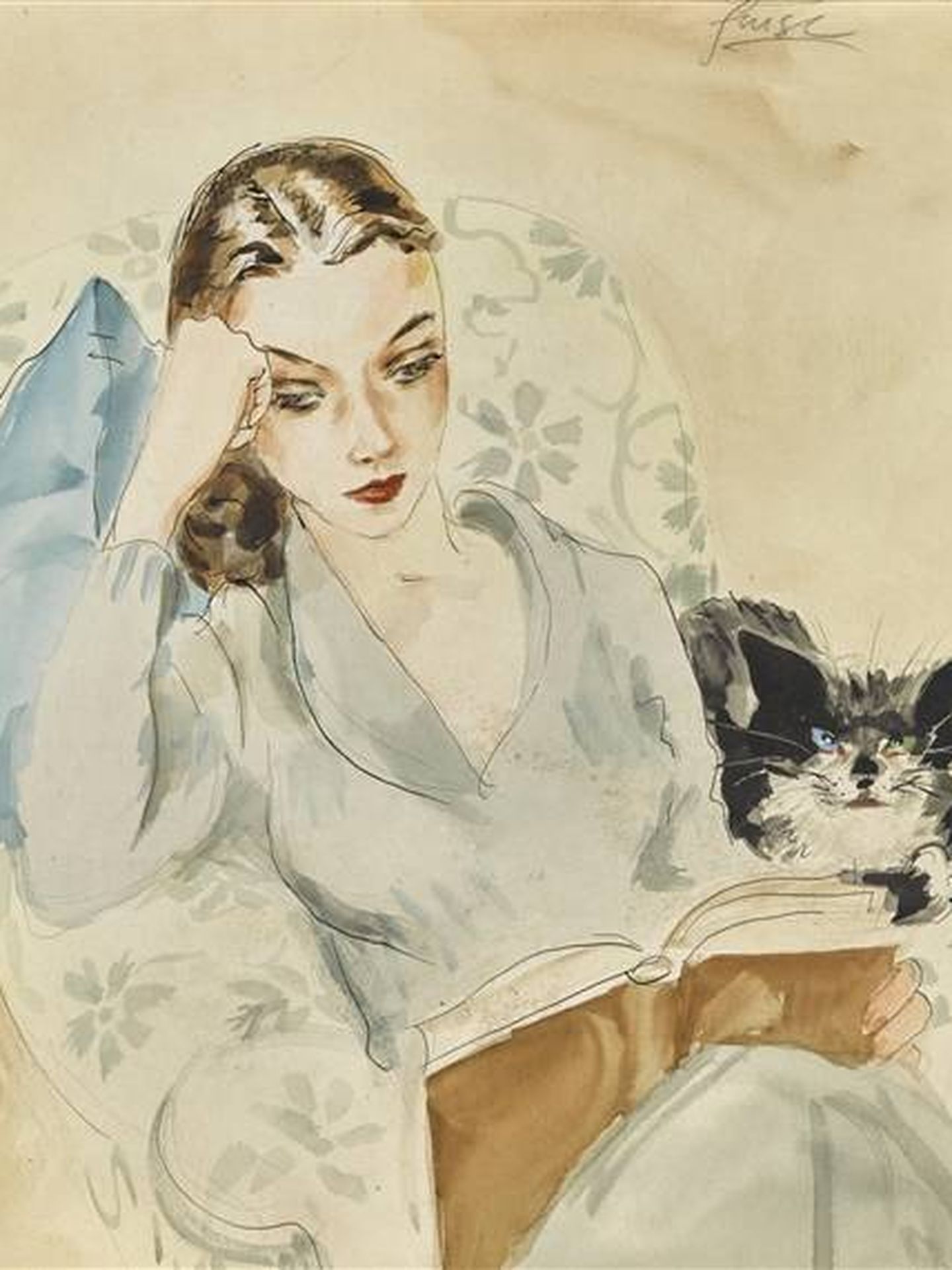 Dibujo de Leigh con su gato. (Sotheby's)