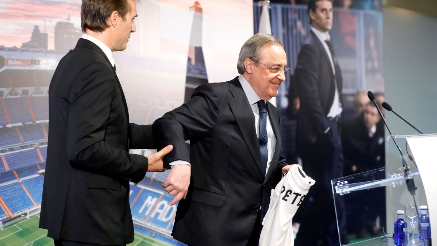 Julen Lopetegui y Florentino Pérez, durante la presentación del técnico en el Bernabéu. (EFE)