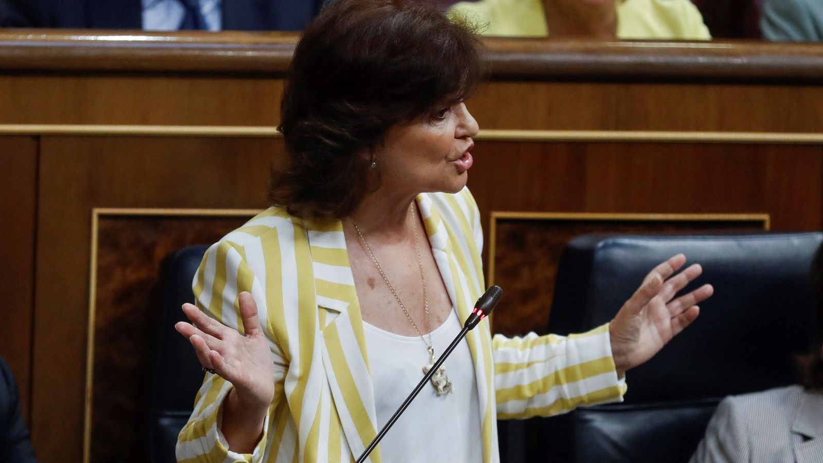 Foto: La vicepresidenta del gobierno Carmen Calvo contesta al diputado de ERC, Joan Tardà, durante su intervención en el Congreso de los Diputados. (EFE)