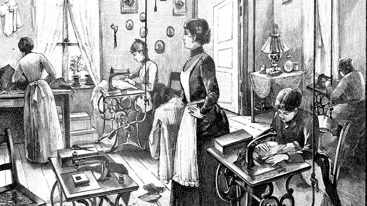 Ilustración de un grupo de costureras en el siglo XIX. Fuente: iStock