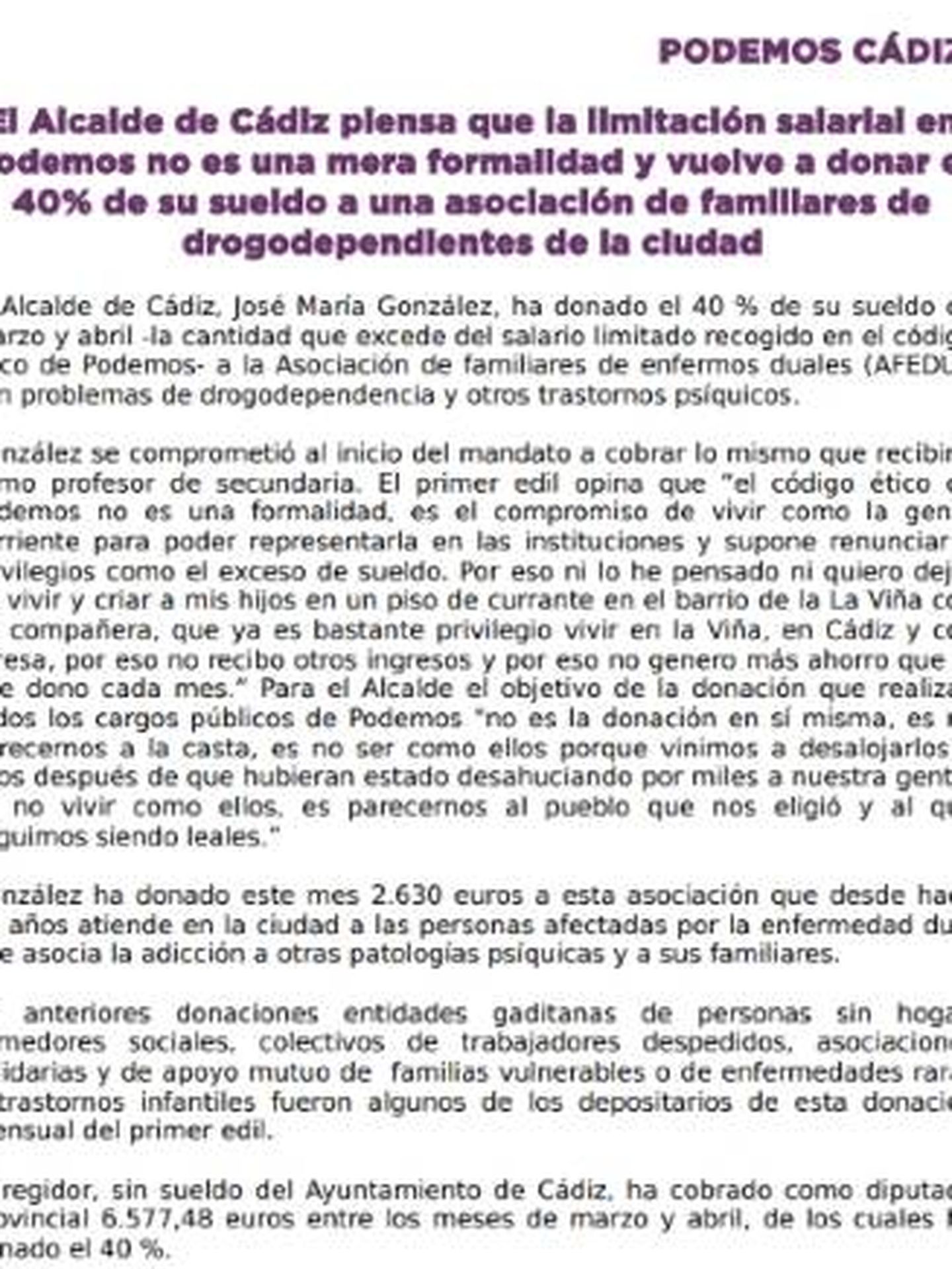 Este es el comunicado de Podemos Cádiz