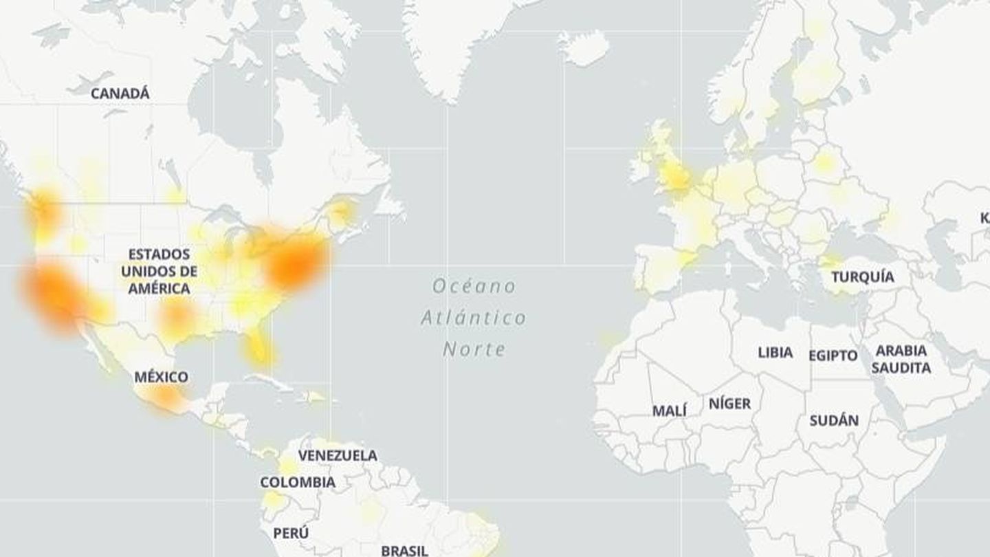 Mapa que muestra dónde se están reportando los errores (downdetector.es)