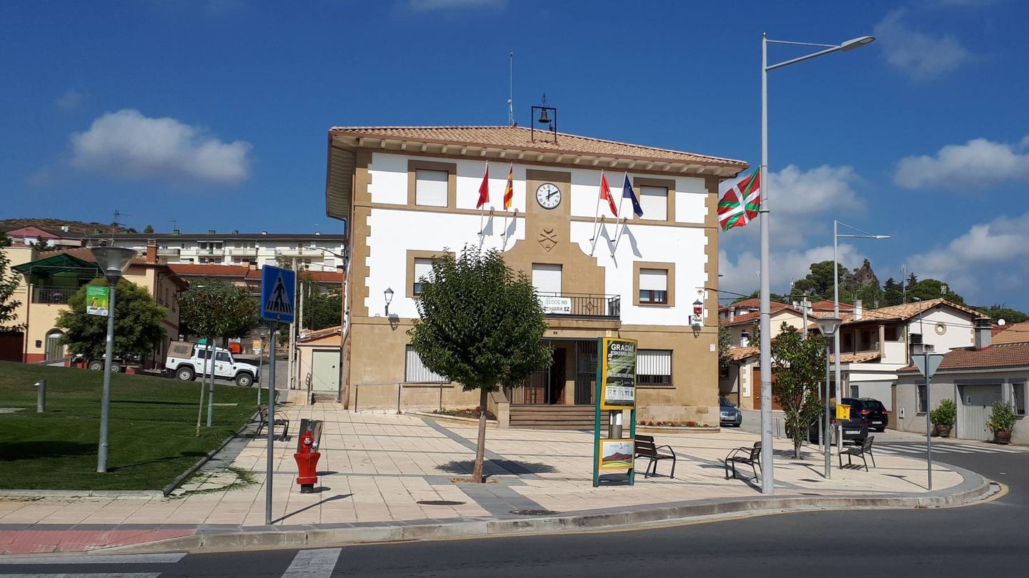 Una 'ikurriña' ondea en una farola junto al Ayuntamiento de Ayegui. (EC)