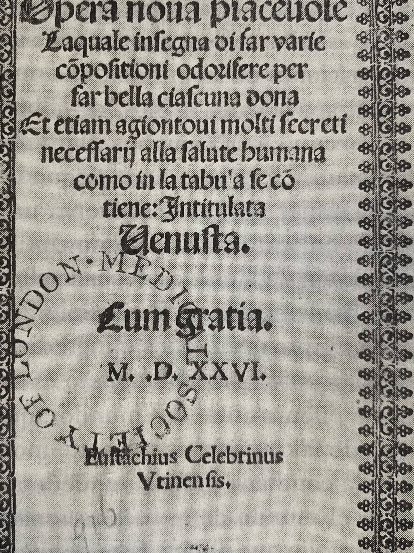 Frontispicio de 'Una nueva y agradable obra que enseña cómo elaborar varios compuestos perfumados para embellecer a cualquier mujer ... titulada Venustà' (1526).
