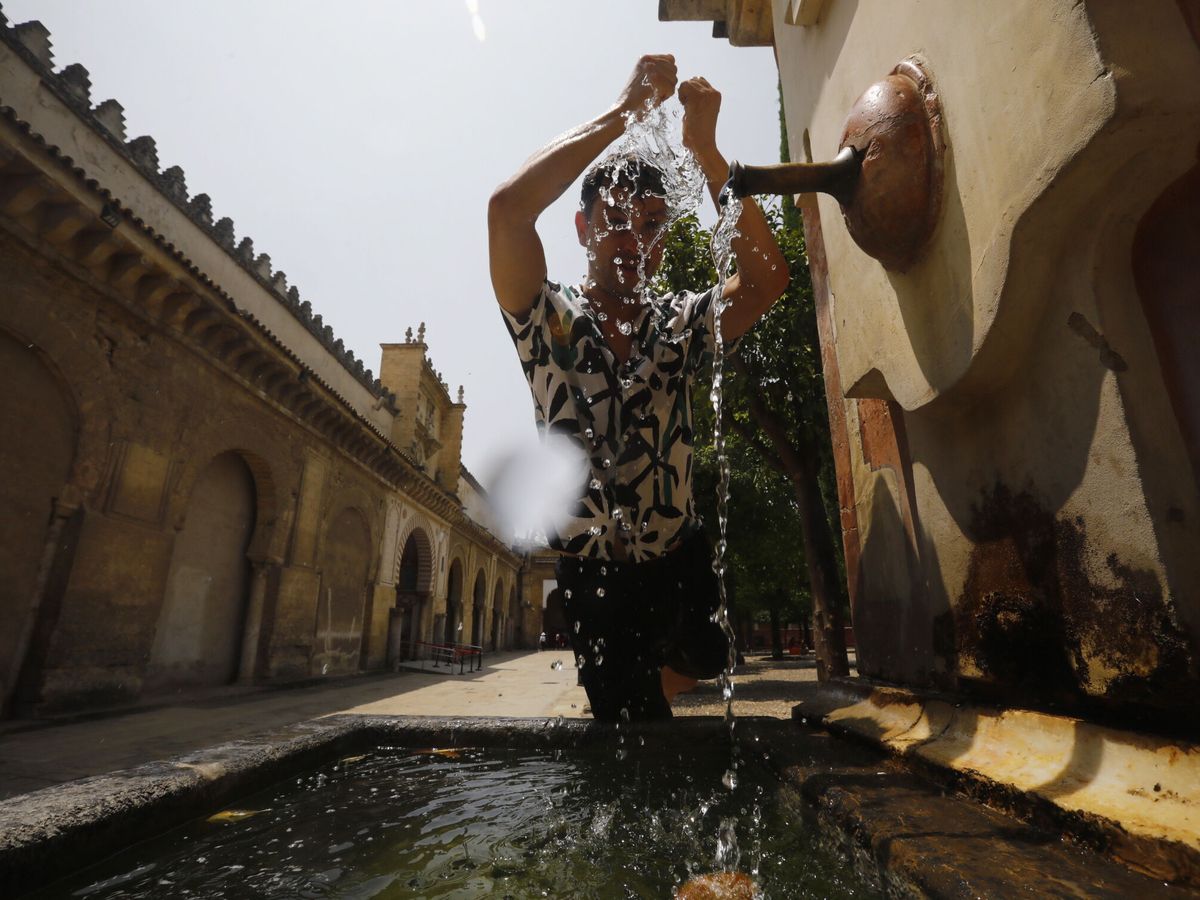 Foto: Un joven se refresca en una fuente de del Patio de los Naranjos de Córdoba. (EFE/Salas)