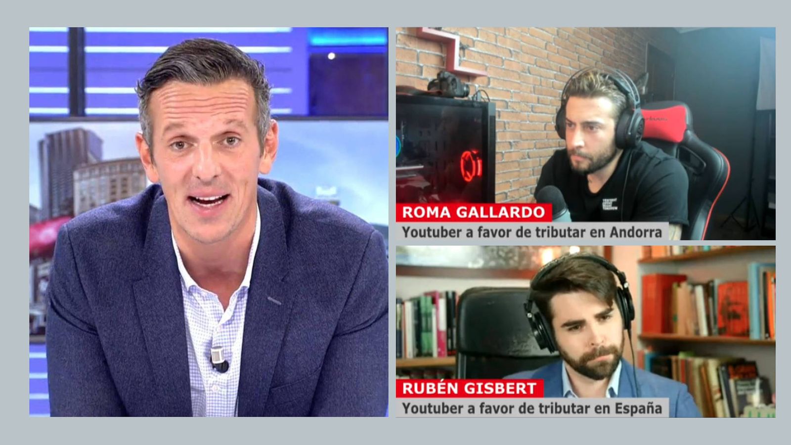 Roma Gallardo (esquina superior derecha) y Rubén Gisbert (esquina inferior derecha), durante una intervención en el canal Cuatro. (Mediaset)