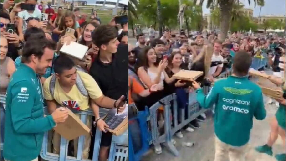 Fernando Alonso desata la locura en Montmeló: acabó regalando pizza a sus fans