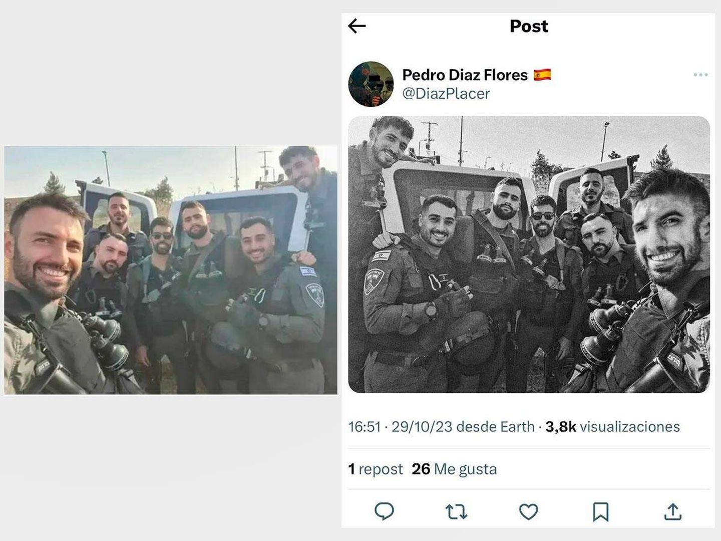 A la izquierda, la fotografía original. A la derecha, el tuit de Pedro Díaz con la fotografía trucada con su cara, que entregó a 'El Mundo' como si fuera suya. (Redes sociales)