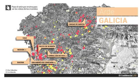 Este es el mapa de los incendios forestales que arrasan Galicia y Asturias