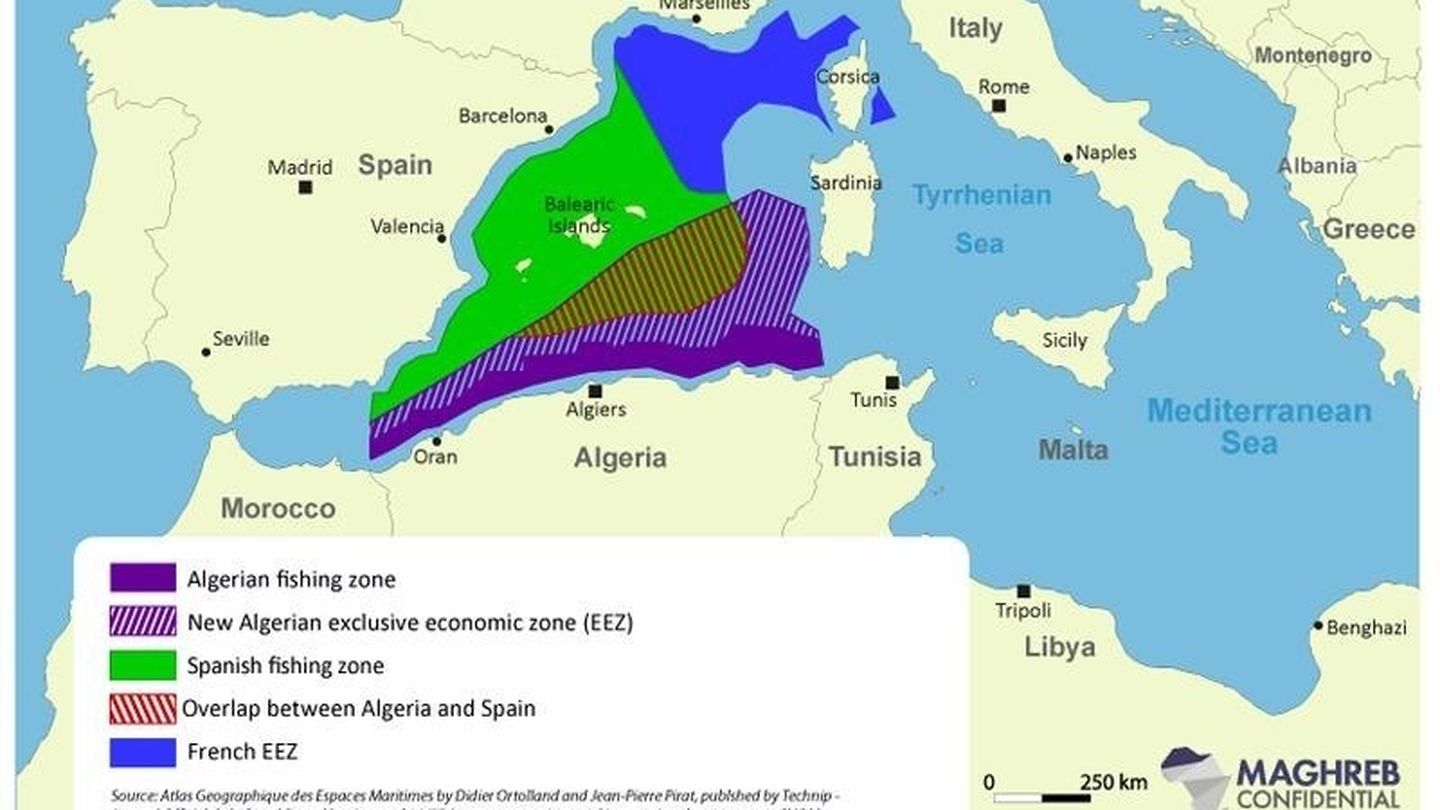 Zonas marítimas de Argelia y España, así como las aspiraciones argelinas.