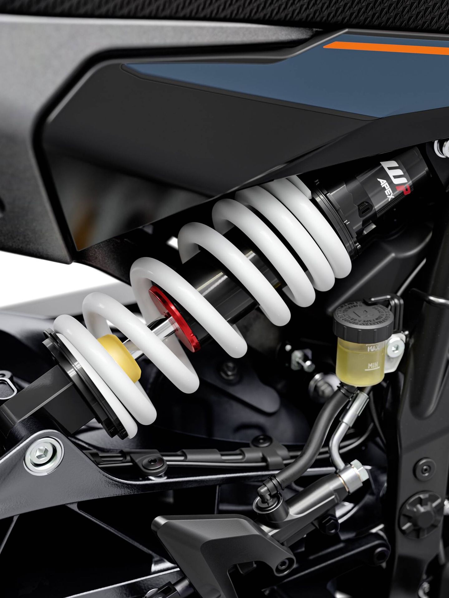 Un detalle de la suspensión de la KTM 390 Duke.