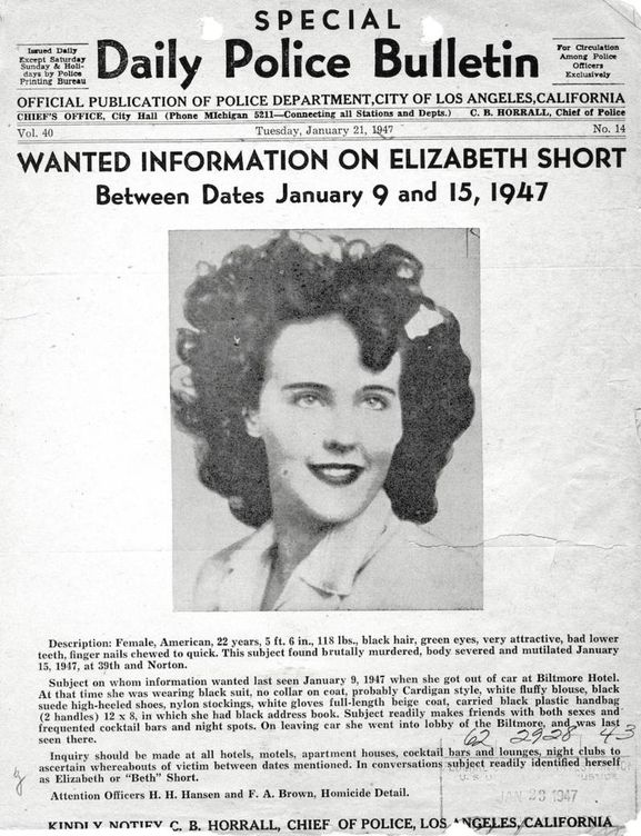 'Se busca información de Elizabeth Short', difundido por la comisaría de Policía de Los Ángeles. Foto: CC