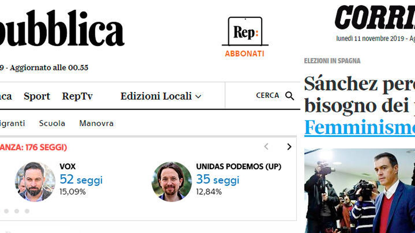 Portadas de 'La Repubblica' y 'Corriere della Sera'.