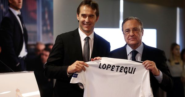 Foto: Florentino Pérez junto a Julen Lopetegui en el día de la presentación del nuevo entrenador del Real Madrid. (Efe)