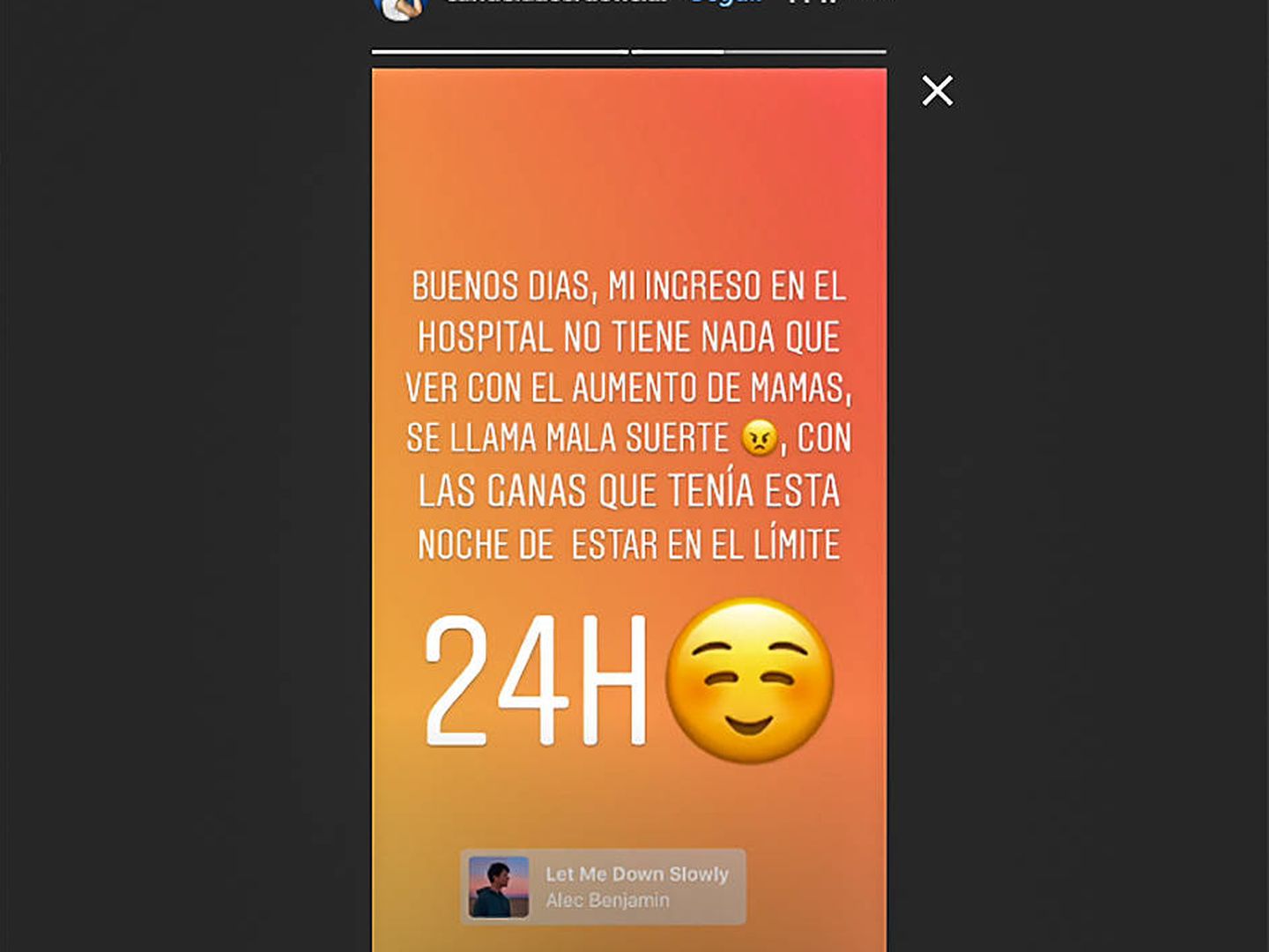 Candela informa en una historia su estado de salud. (Instagram)