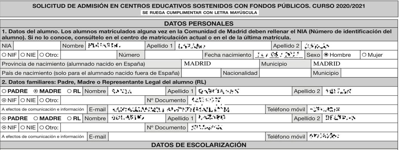 Extracto de solicitud de matrícula en un colegio de Madrid.