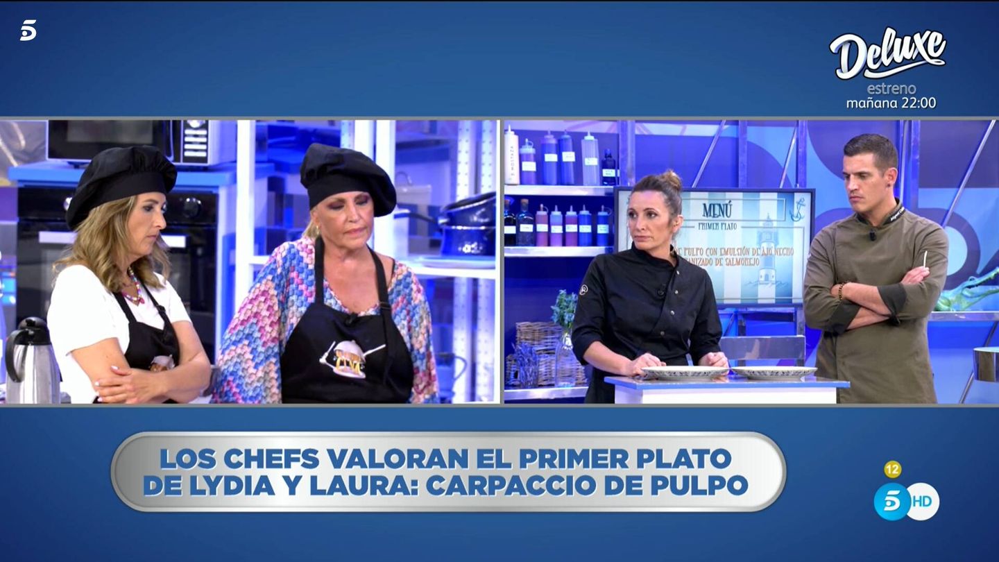 Laura Fa, Lydia Lozano, Begoña Rodrigo y Miguel Cobo, en 'La última cena'. (Mediaset)