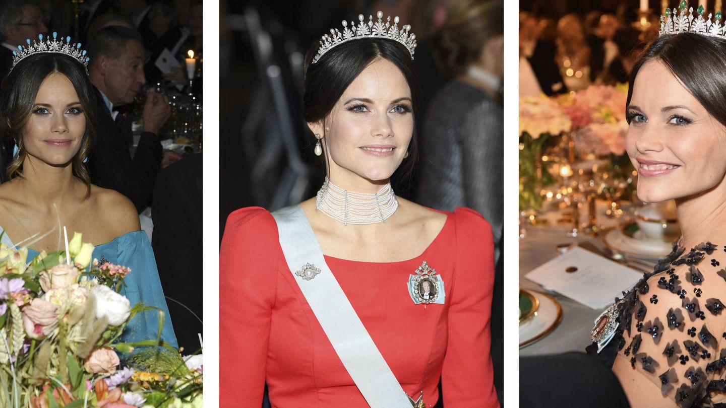 La princesa Sofía con su tiara nupcial en los Nobel de 2019, 2018 y 2015. (Getty)