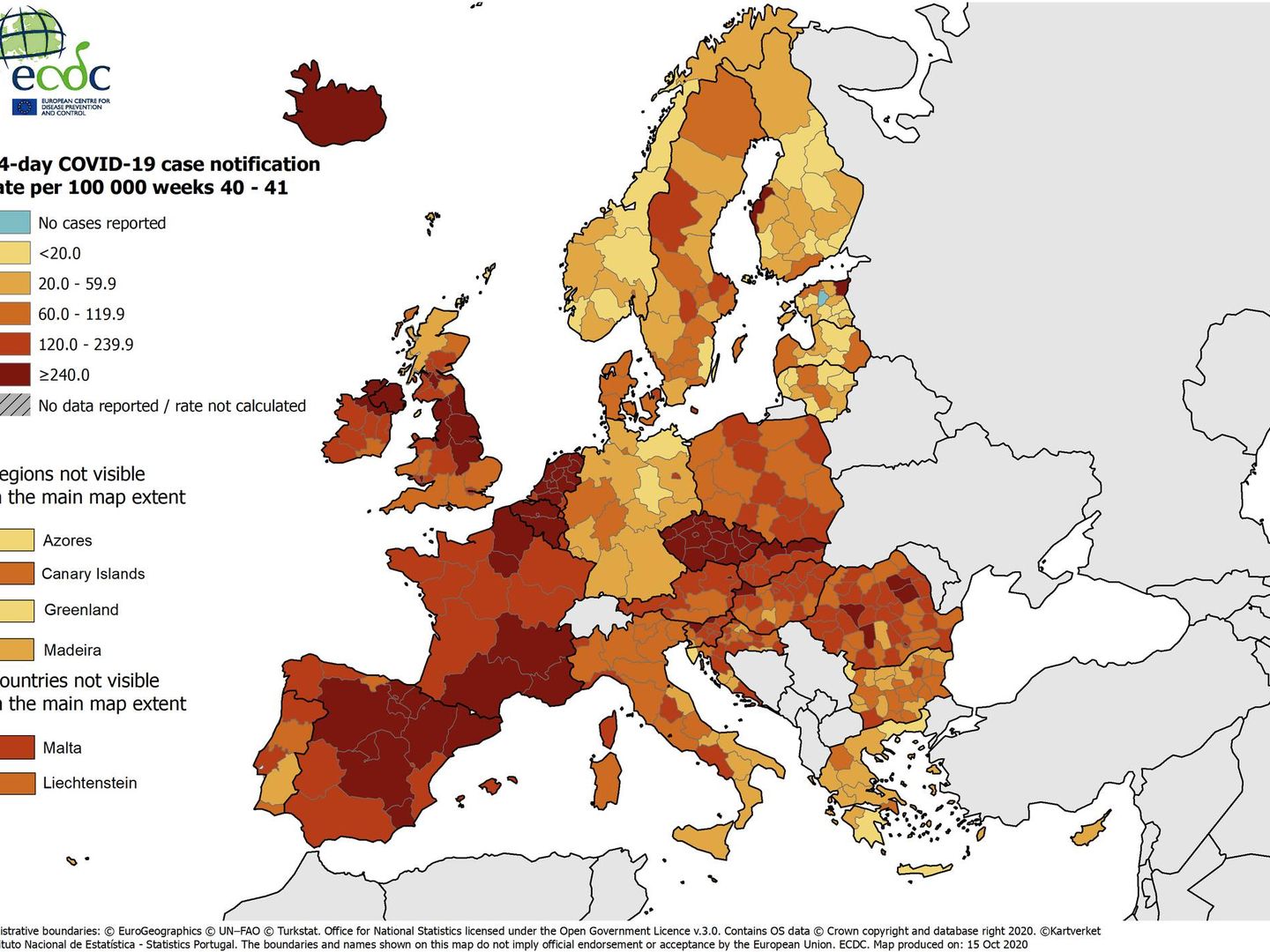 Mapa de incidencia de nuevos contagios por regiones en Europa (ECDC)