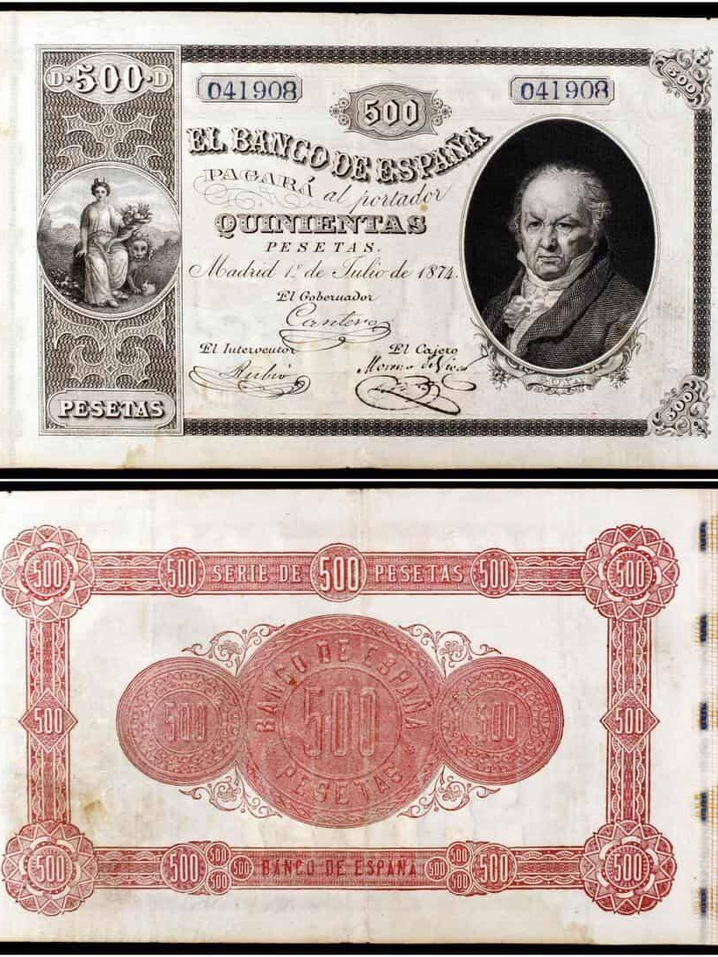 El billete de 500 pesetas de 1874, con la imagen de Goya, es uno de los más valiosos (Imagen: blognumismatico.com)