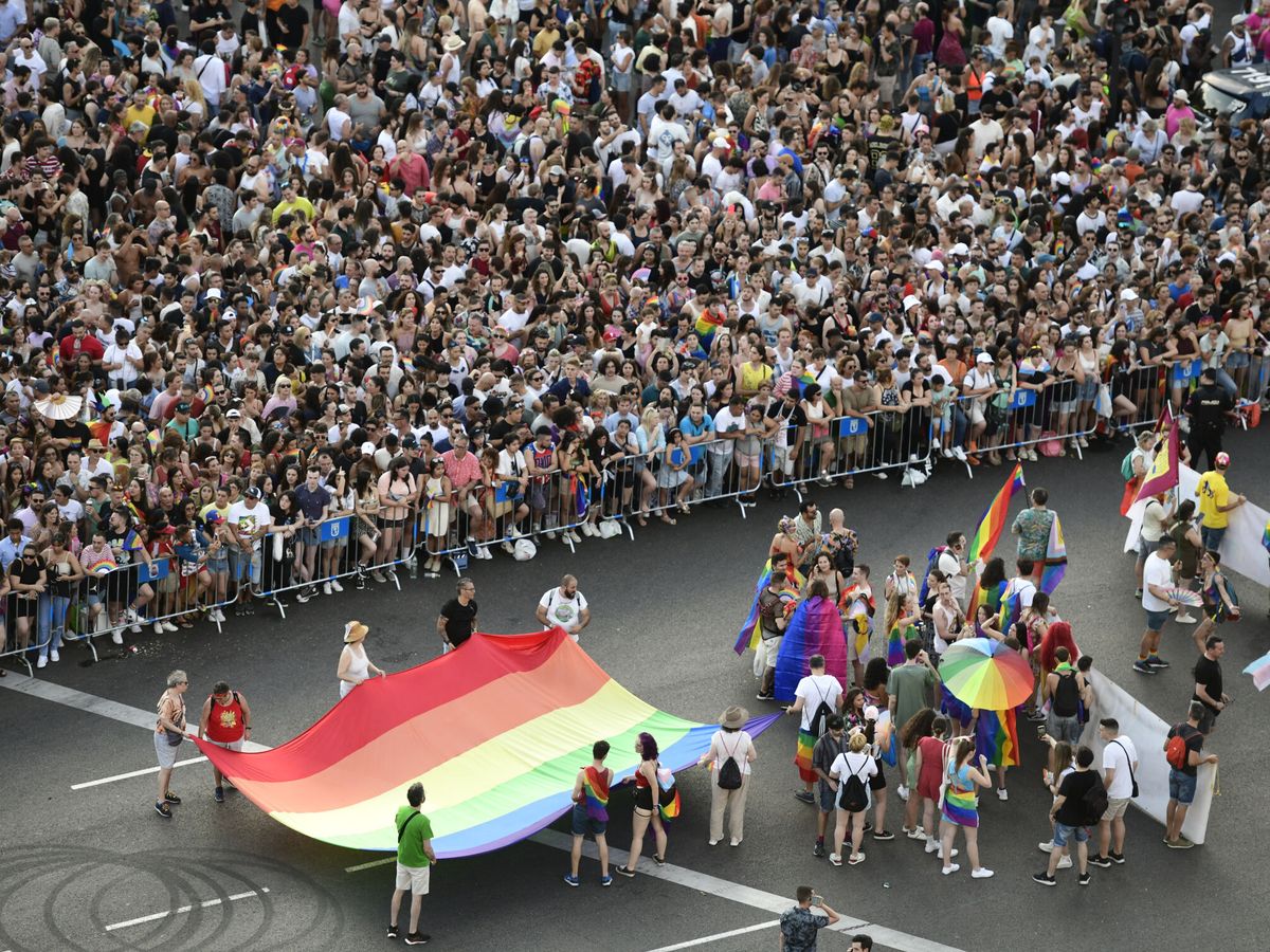 Foto: Un momento del desfile del Orgullo 2023 a su paso por la Plaza de Cibeles, en Madrid. (EFE/Victor Lerena)