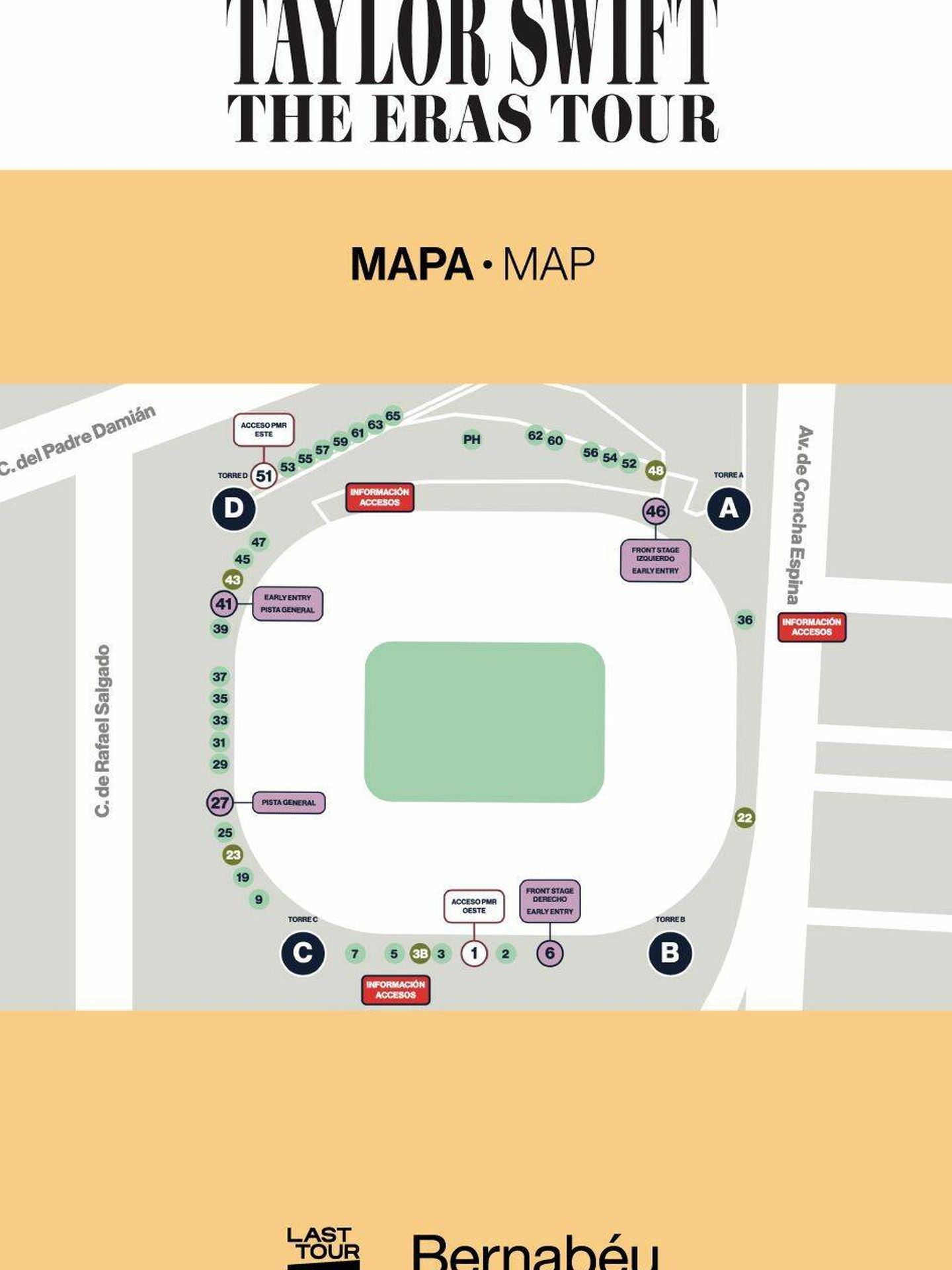Un mapa de los accesos al Santiago Bernabéu. (X/@lasttourint)