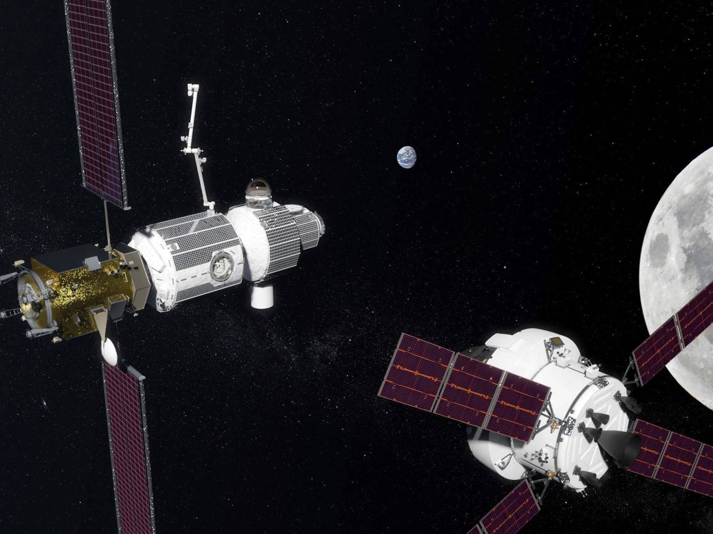 Ilustración de Orion (a la derecha) antes de acoplarse en el Getaway. (ESA)