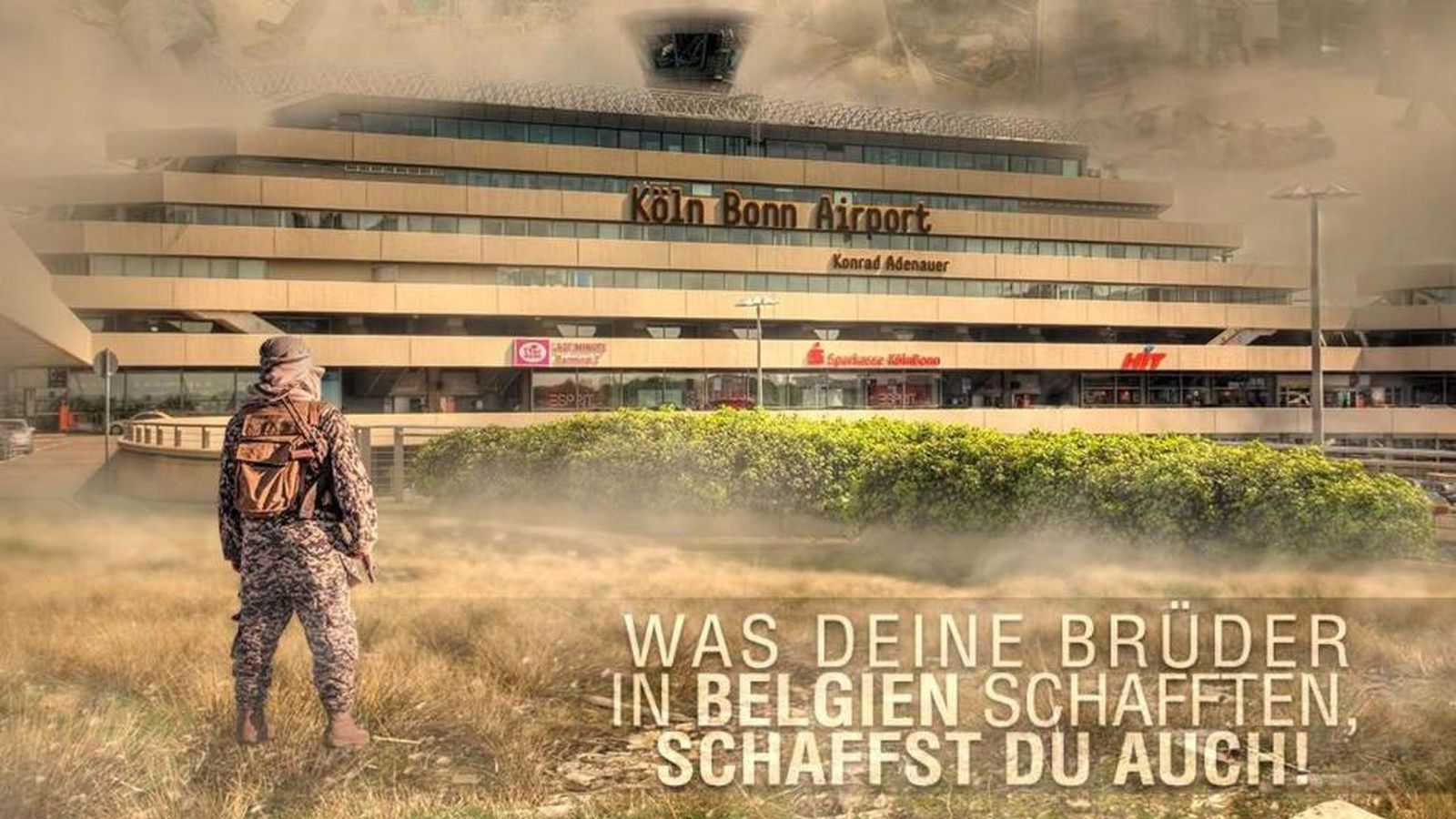Foto: Imagen difundida por el Estado Islámico en la que aparece el aeropuerto de Colonia-Bonn