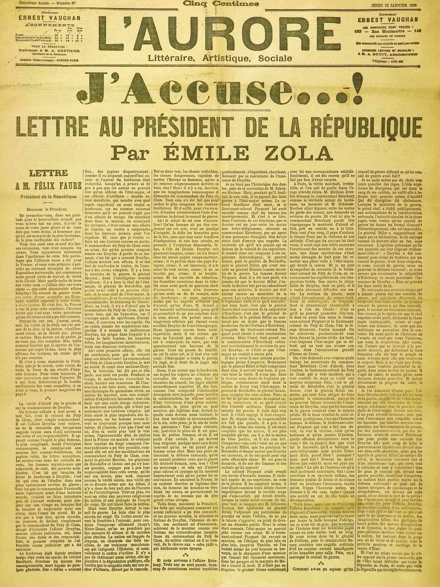 'L'Aurore' con el 'J'Accuse...!' de Zola
