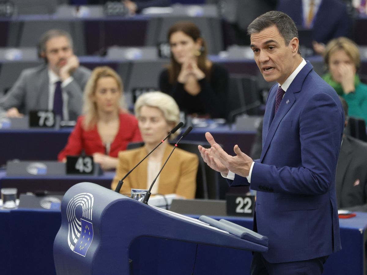 Foto: El presidente del Gobierno, Pedro Sánchez, en su discurso en la sede del Parlamento Europeo en Estrasburgo. (EFE/EPA/Ronald Wittek)