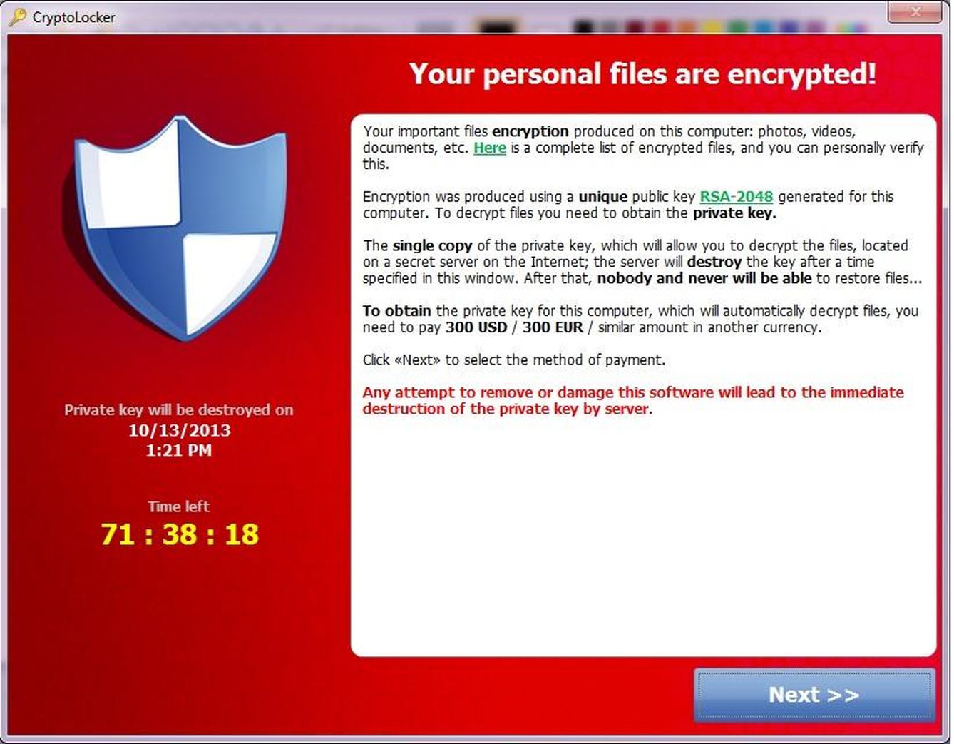 Ejemplo de llamado 'ransomware' llamado CryptoLocker