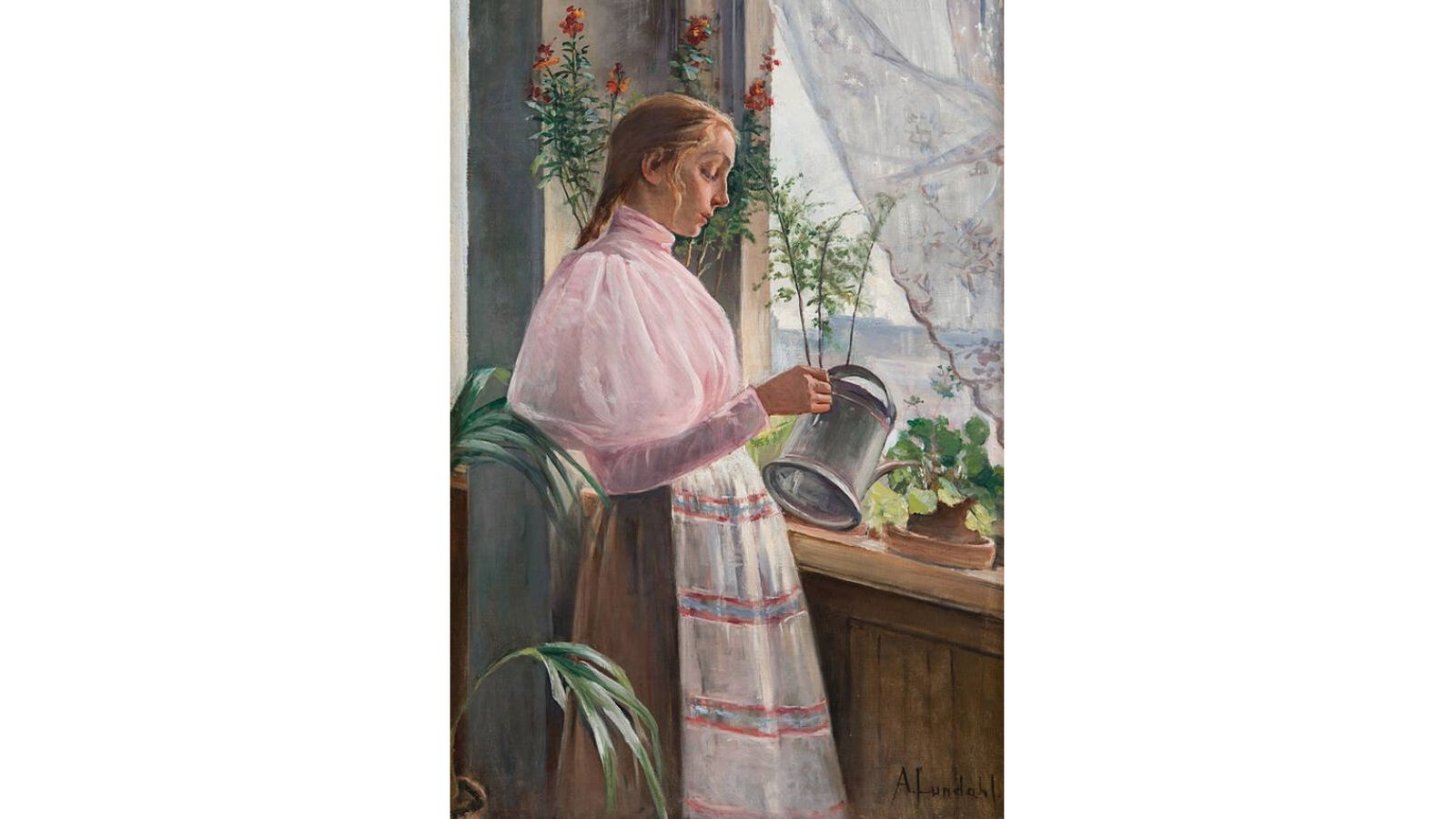Chica regando flores -  Amélie Lundahl, 1890. (Wikipedia)
