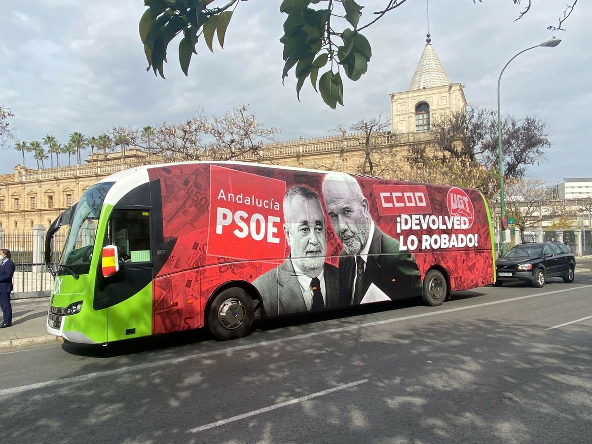 Foto: El autobús de la campaña de Vox contra el PSOE y los sindicatos, frente al Parlamento andaluz. (Cedida)
