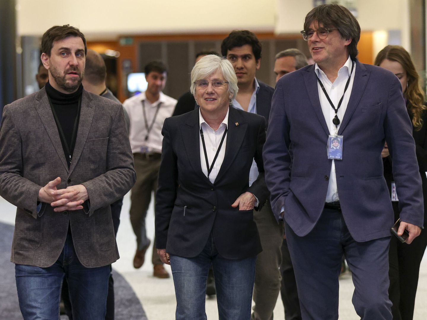 Toni Comín, Clara Ponsatí y Carles Puigdemont en el Parlamento Europeo. (EFE)