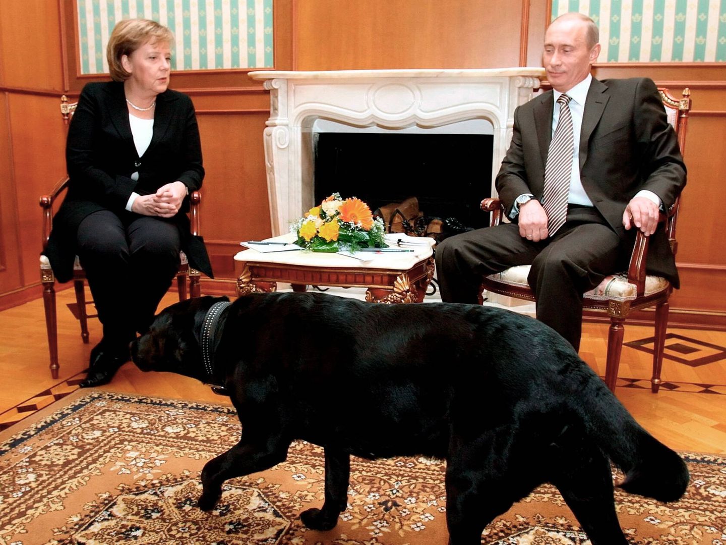 Merkel, Putin y el perro negro. (EFE/Sergei Chirikov)
