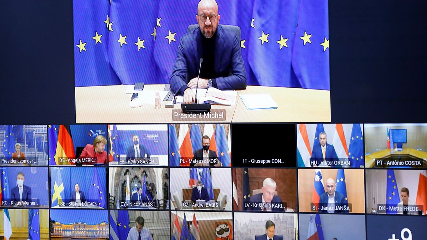 Vídeollamada de líderes europeos este jueves. (Reuters)
