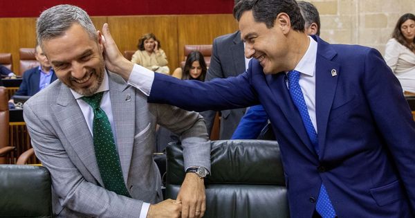 Foto: El presidente de la Junta de Andalucía, Juanma Moreno, bromea con el consejero de Hacienda, Juan Bravo. (EFE)