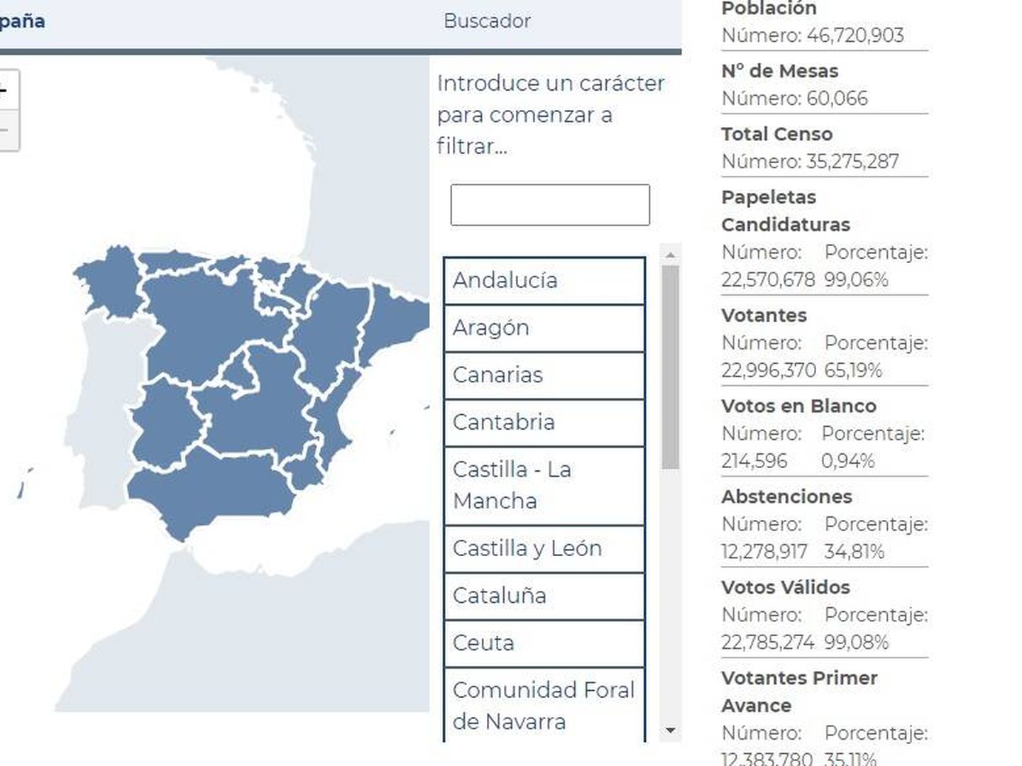 Mapa para conocer los resultados de las elecciones. (Ministerio de Interior)