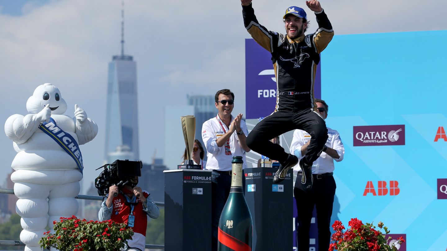 Jul 15, 2018; Brooklyn, NY, USA; Jean-Eric Vergne reacts to winning the Formula E 2018 New York E-Prix in Brooklyn. Mandatory Credit: Brad Penner-USA TODAY Sports