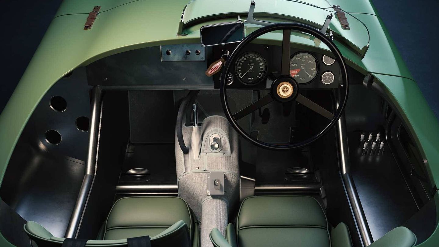Interior muy espartano de un coche de carreras de los años cincuenta. 