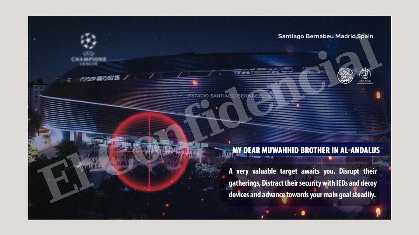 Propaganda del Estado Islámico señalando al Bernabéu.