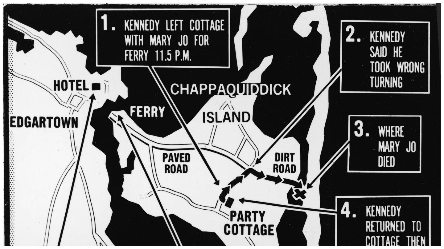 Plano de la isla de Chappaquiddick con los movimientos de Ted Kennedy. (Getty)