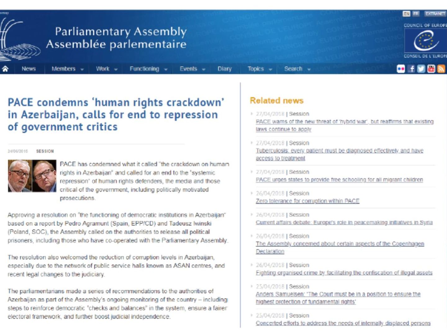 Nota de la Asamblea del Consejo de Europa que Agramunt usa para demostrar que ha sido crítico con Azerbaiyán. 