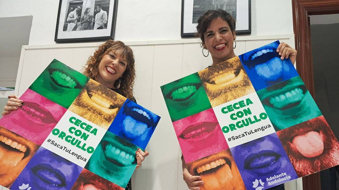 Teresa Rodríguez y Lorena Rodríguez, de Adelante Andalucía, presentan la campaña 'Saca tu lengua, cecea con orgullo'. (Adelante Andalucía)