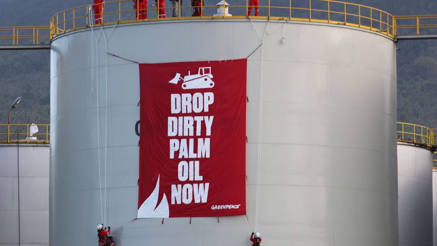 Activistas de Greenpeace despliegan una pancarta gigante en un tanque de Crude Palm Oil (CPO). (Foto: EFE)