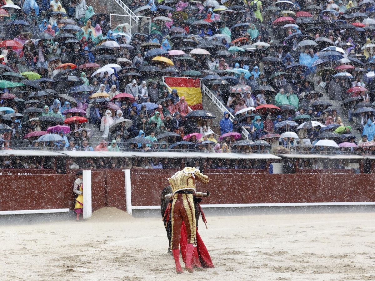 Foto: El diestro Miguel Ángel Perera entra a matar sin manoletinas a su primer toro ante la atenta mirada de los espectadores protegidos de la lluvia. (EFE/Juanjo Martín)